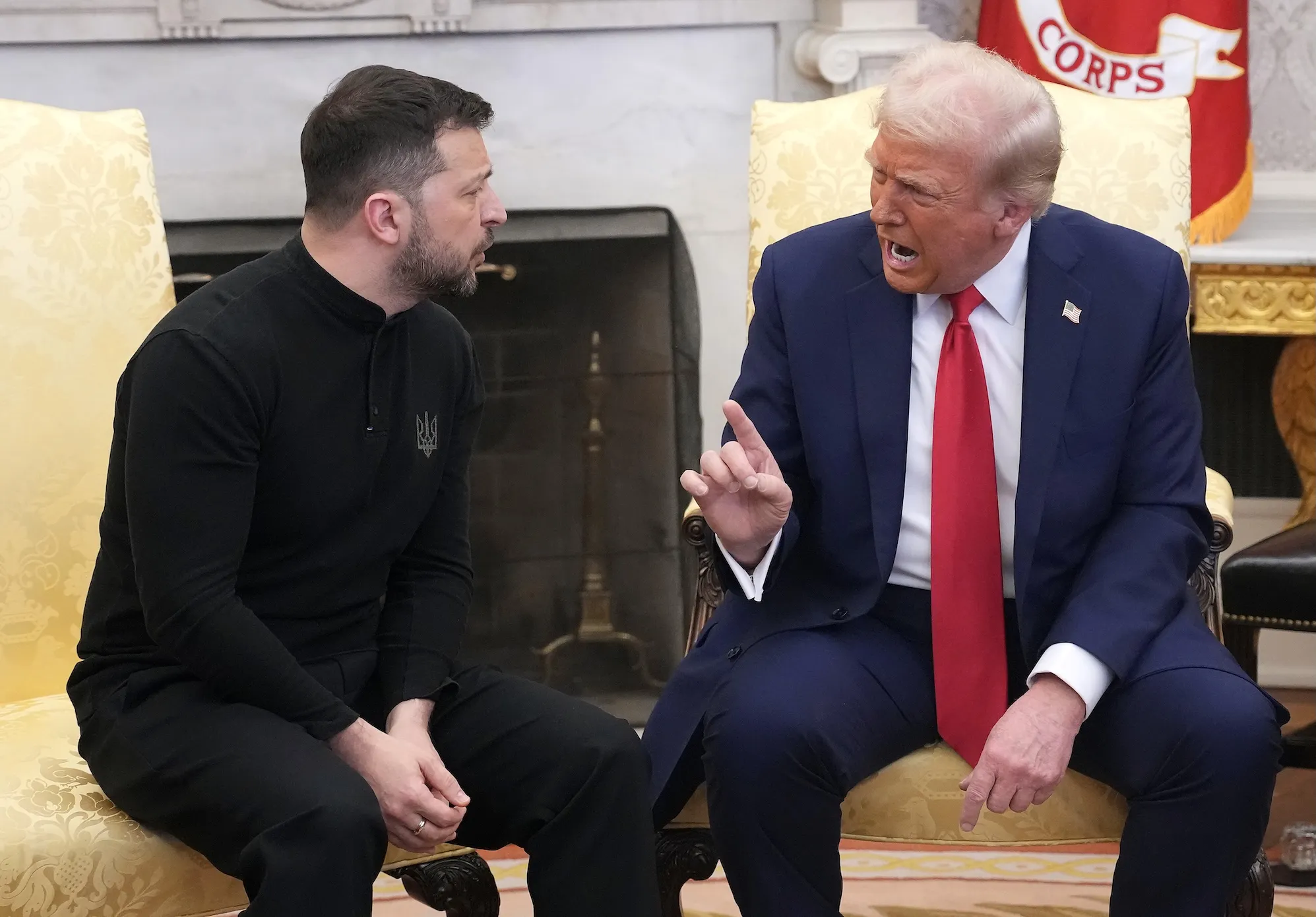 Ukrainian president Zelensky seen next to Trump in the Oval Office; Trump is seen berating Zelenskyy
