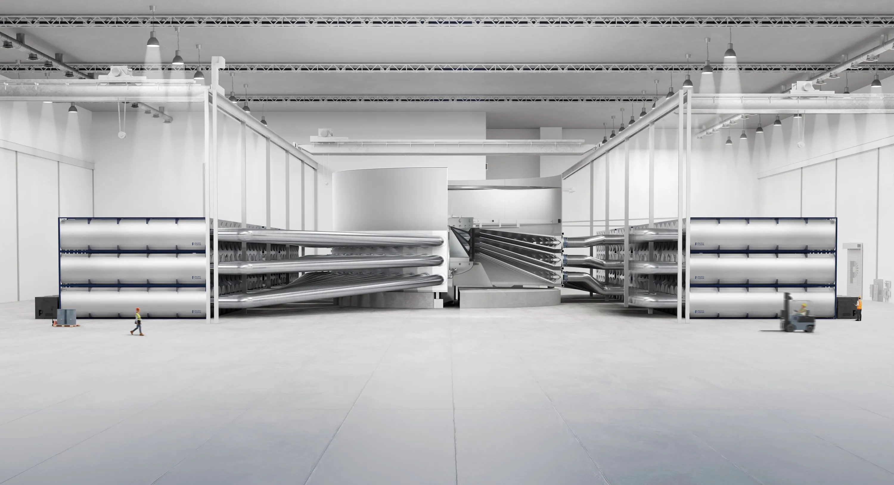 A cutaway illustration shows the different parts of Pacific Fusion's reactor design.