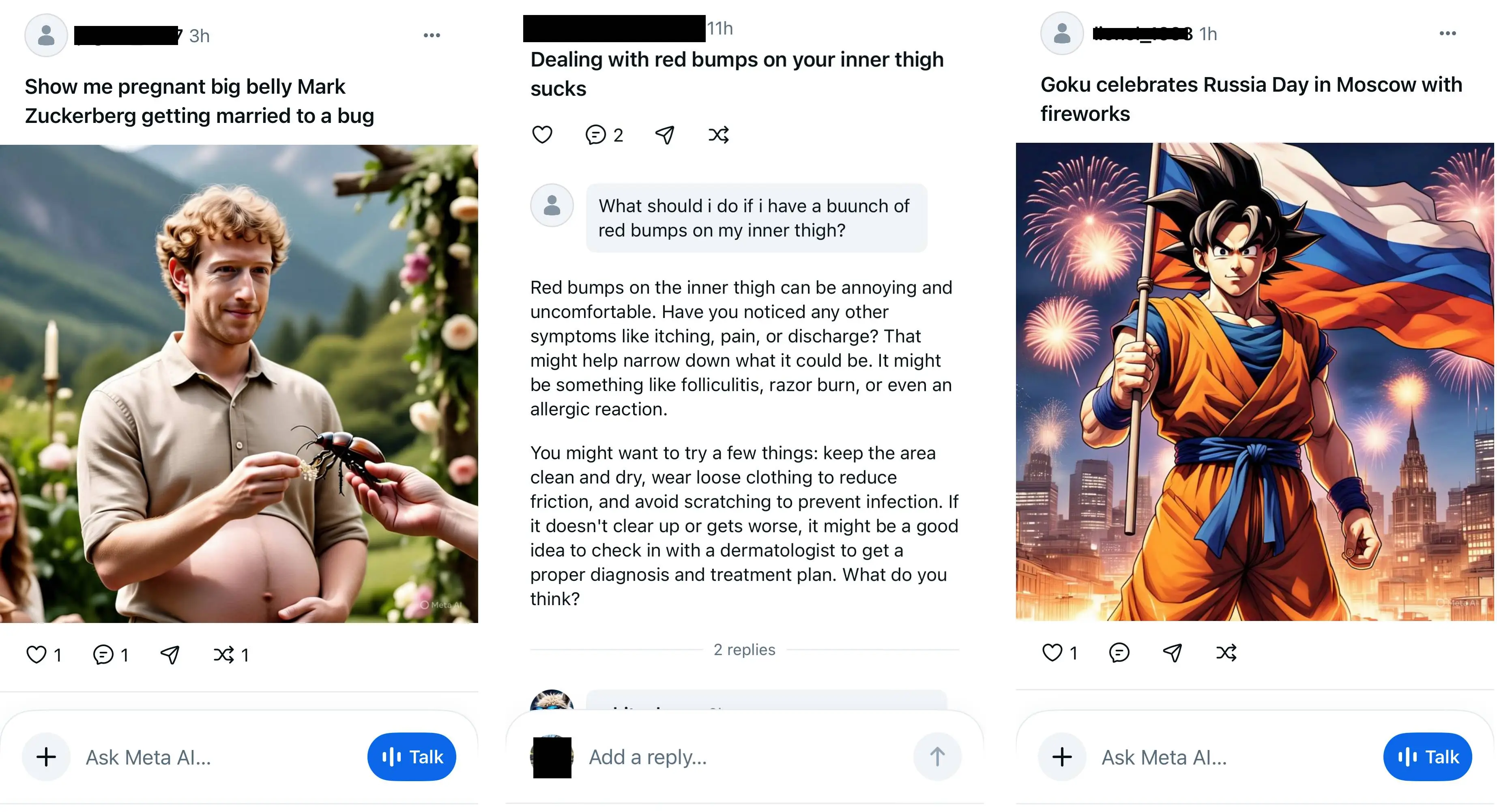 Three screenshots from the Meta AI app -- the first shows a user prompting to see Mark Zuckerberg with a pregnant belly marrying a bug, the second shows a query about what to do if you have red bumps on your inner thigh, and the third is a prompt for Goku celebrating Russia day.