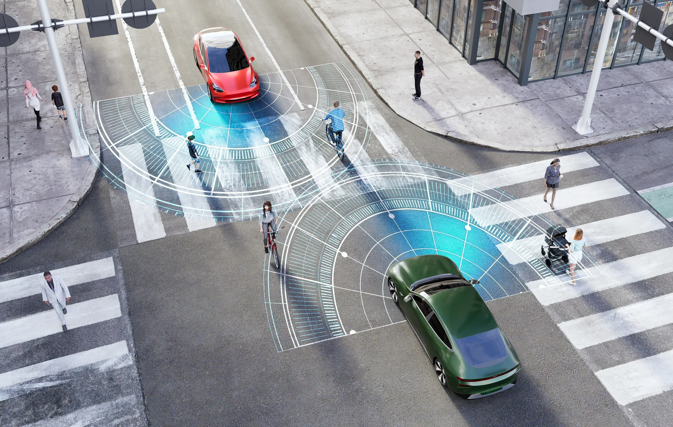3d top view Illustration of two autonomous automobiles approaching an intersection with people crossing. Conceptual radar diagram emitting a signal for obstacle recognition.