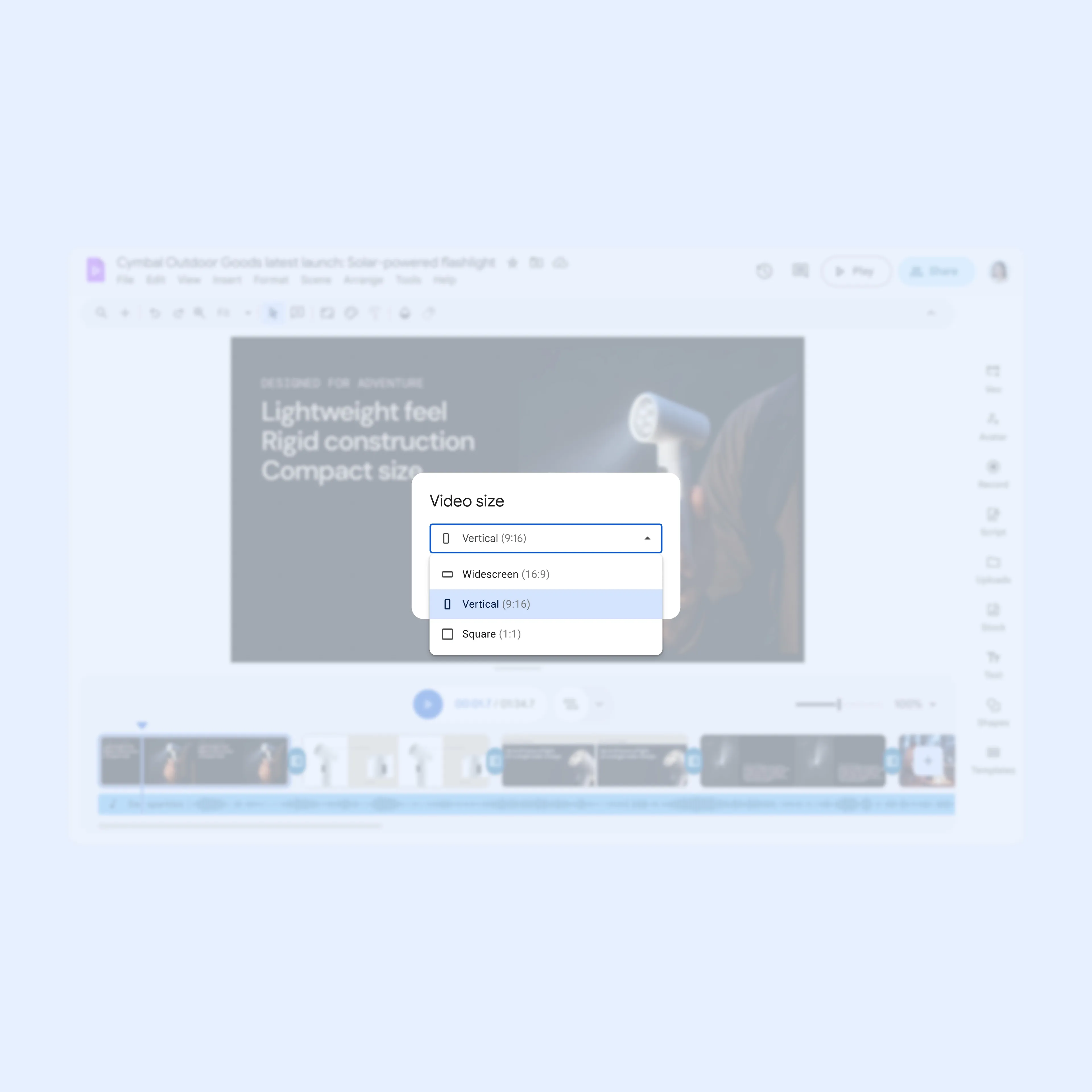 A screenshot of Google Vids video editor which shows an upcoming feature where you will be able to select different formats of video. 