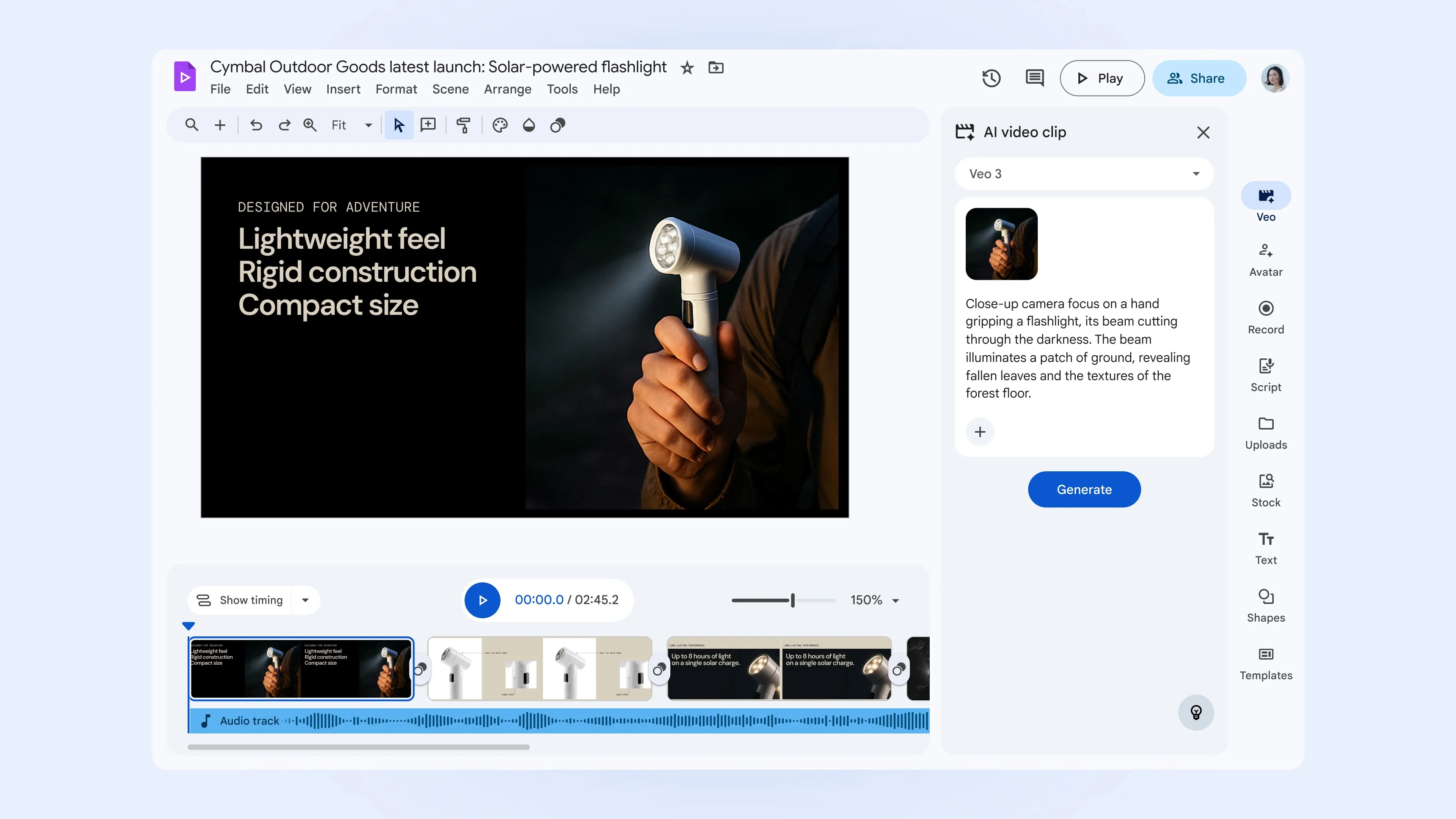 A screenshot of Google Vids video editor showing an image to video generation feature that uses Google's Veo 3 model