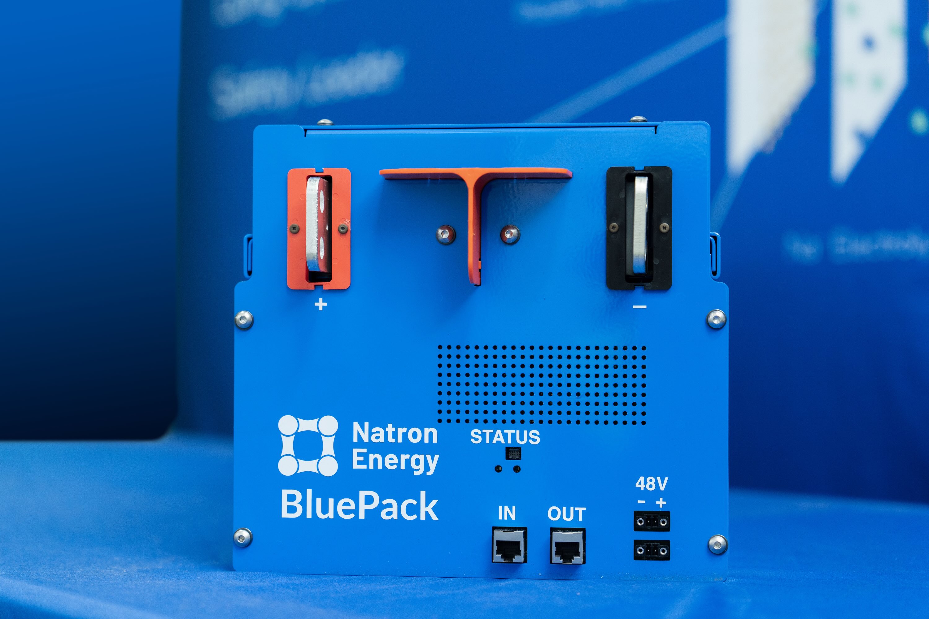 Natron's Blue Pack sodium-ion battery sits on a table.