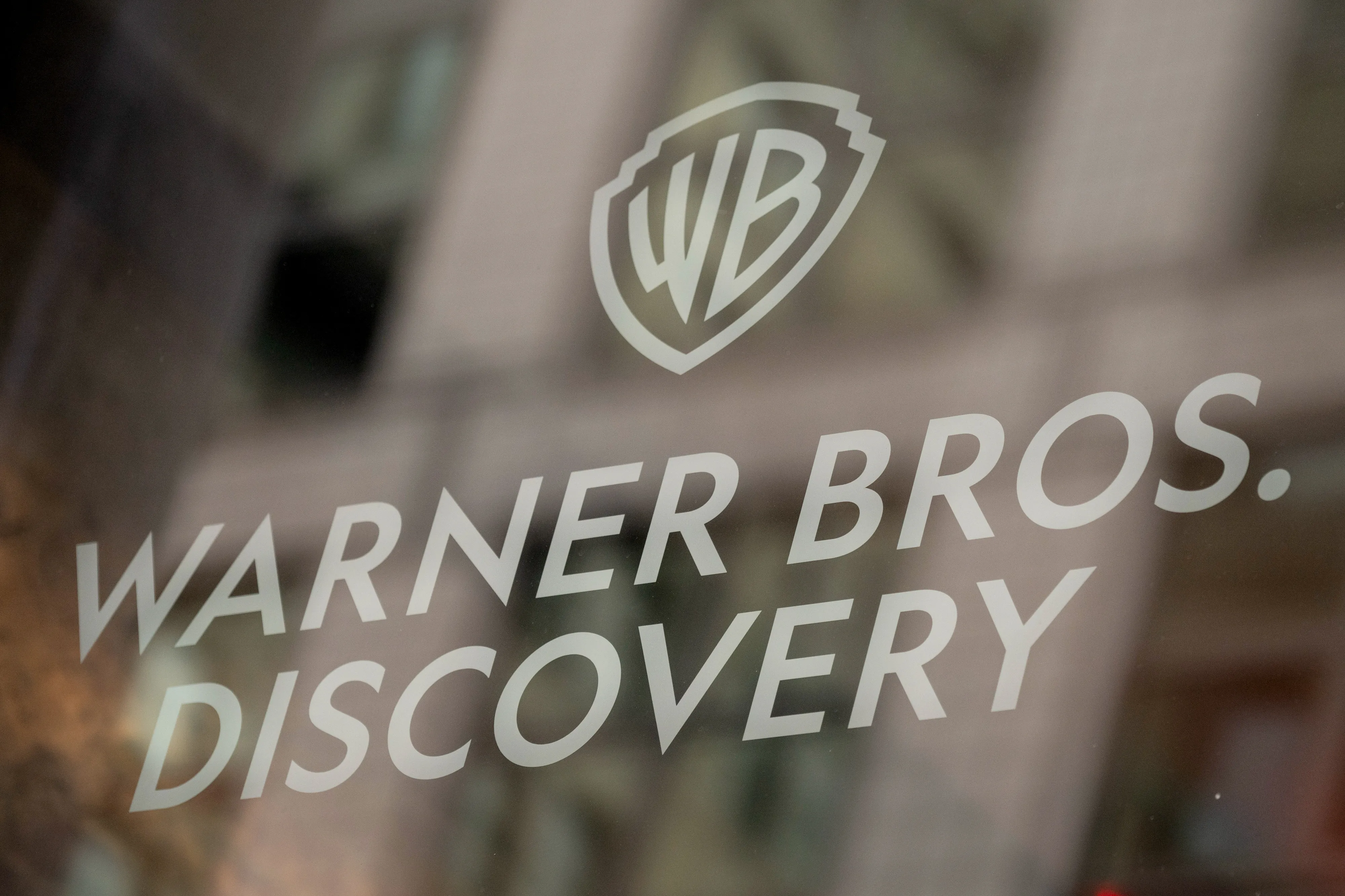Signage at the Warner Bros. Discovery headquarters in New York