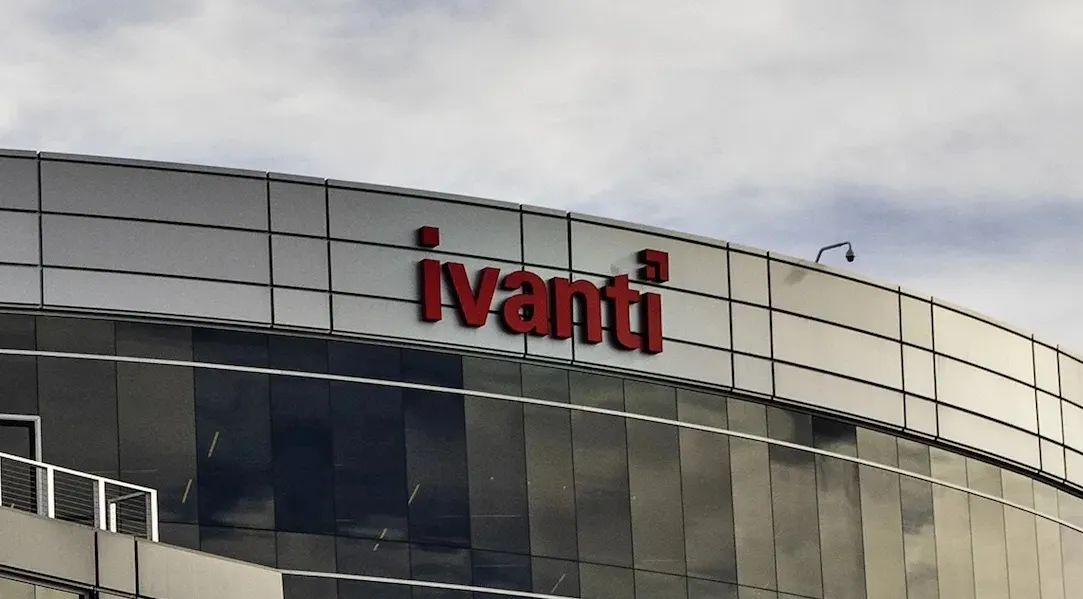 A building featuring Ivanti's logo in red on the top of the building.