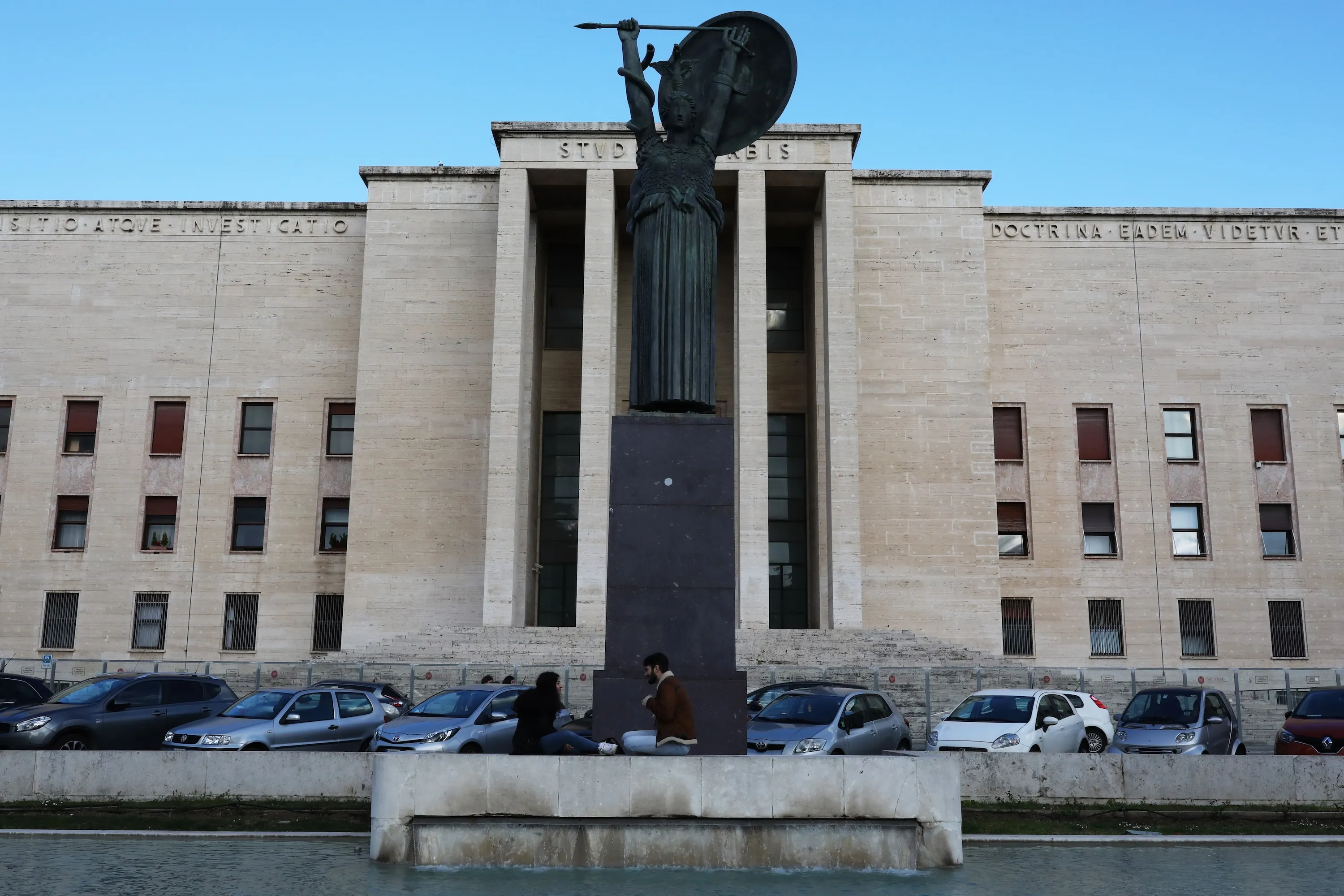 Two university students are seen at La Sapienza University Campus on March 4, 2020 in Rome, Italy.